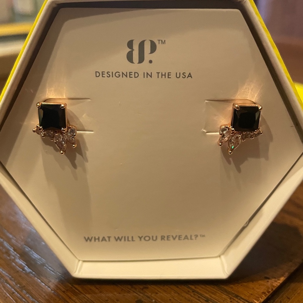 New in Box BP Original Black Onyx and CZ Stud Earrings w/ Rose Gold Plating